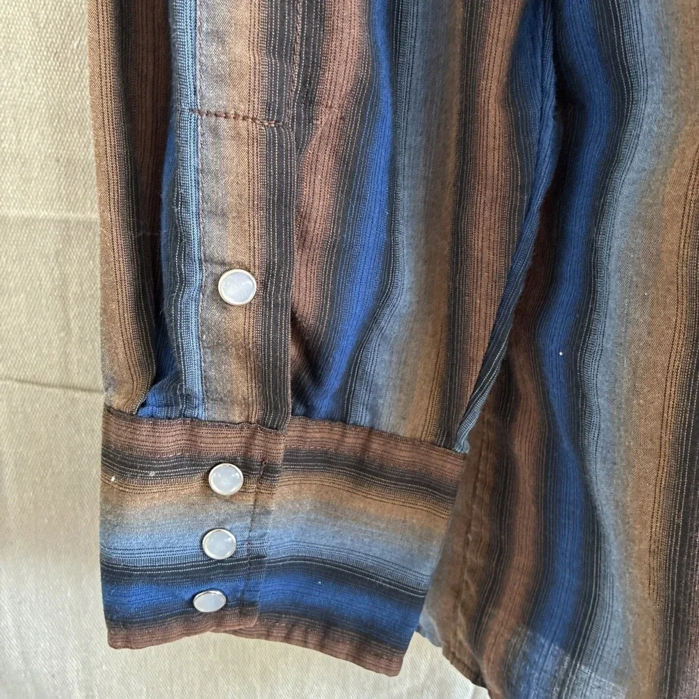 Vtg 90s Roper Shirt Mens XL Brown Blue Stripe Pearl Snap Western Cowboy Rodeo